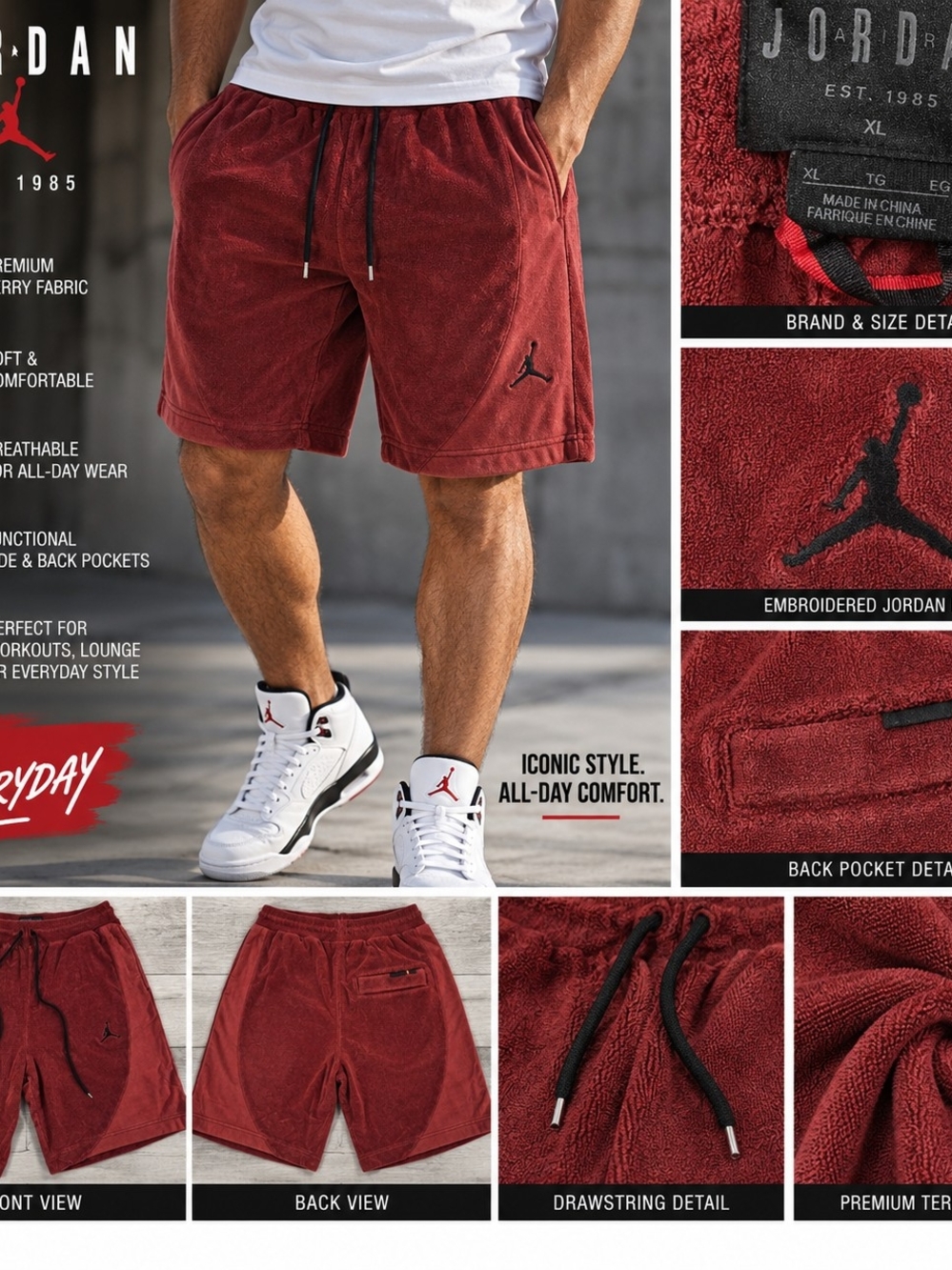 Jordan Shorts Mens XL Burgundy Red French Terry Jumpman Fleece Drawstring